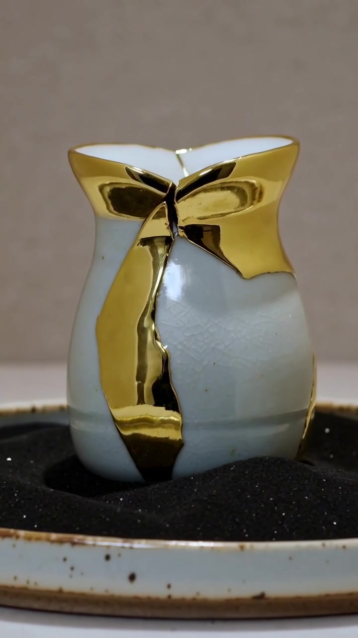 Vertical video: Rotating white vase showing gold repair as camera moving for product shots on table