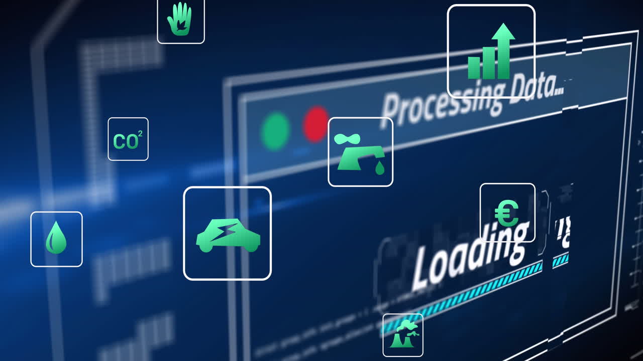 파란색 배경에 대한 데이터 처리와 인터페이스를 통해 여러 디지털 아이콘의 애니메이션