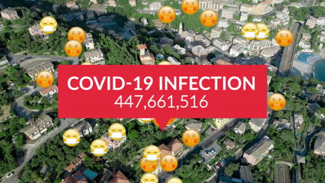 texto de infección por covid-19 con números crecientes y emojis faciales contra una vista aérea del paisaje urbano