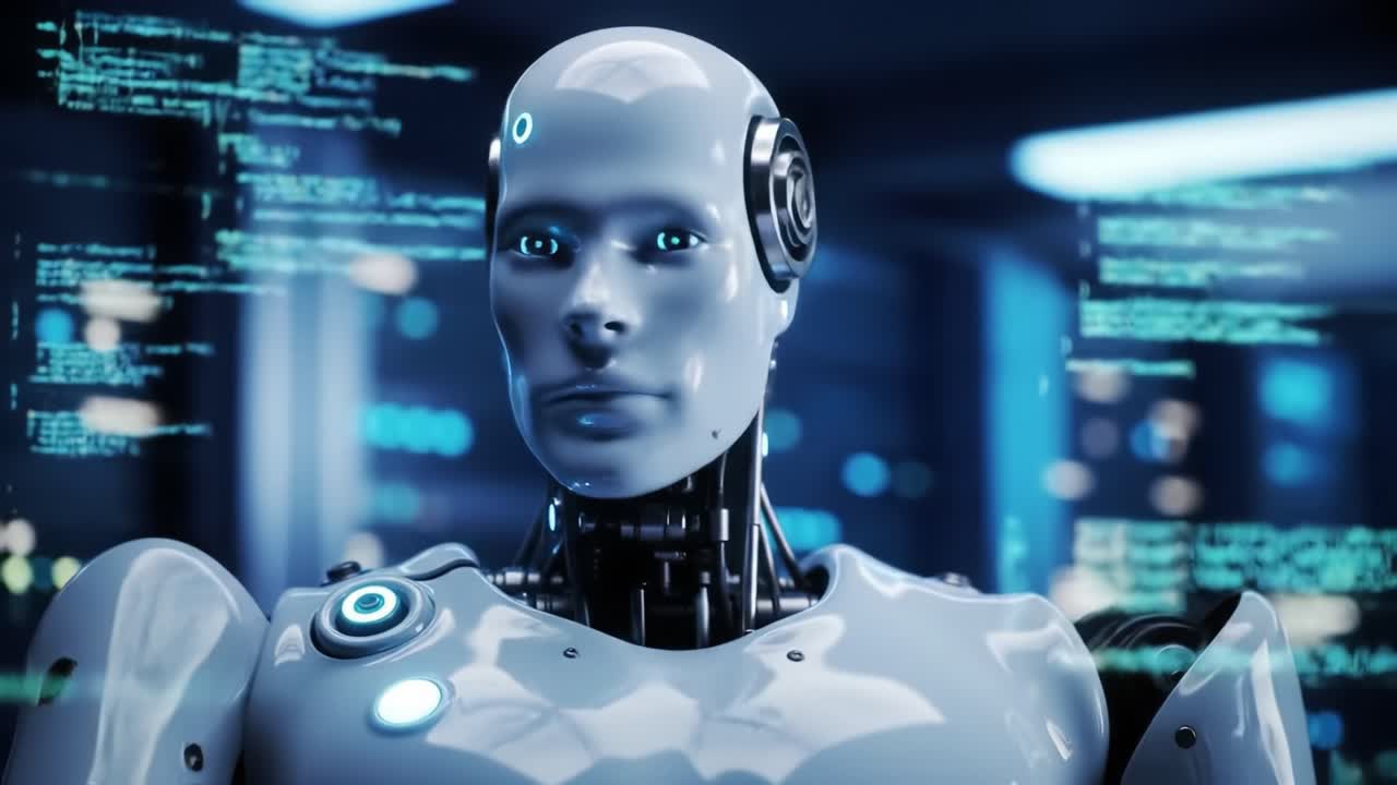 Futuristic humanoid robot showcasing advanced AI capabilities and digital interaction in a high-tech environment, emphasizing the integration of technology and artificial intelligence
