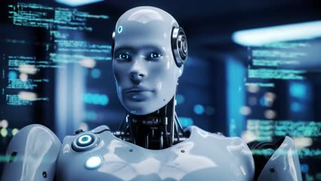 futuristic humanoid robot showcasing advanced ai capabilities and digital interaction in a high-tech environment, emphasizing the integration of technology and artificial intelligence