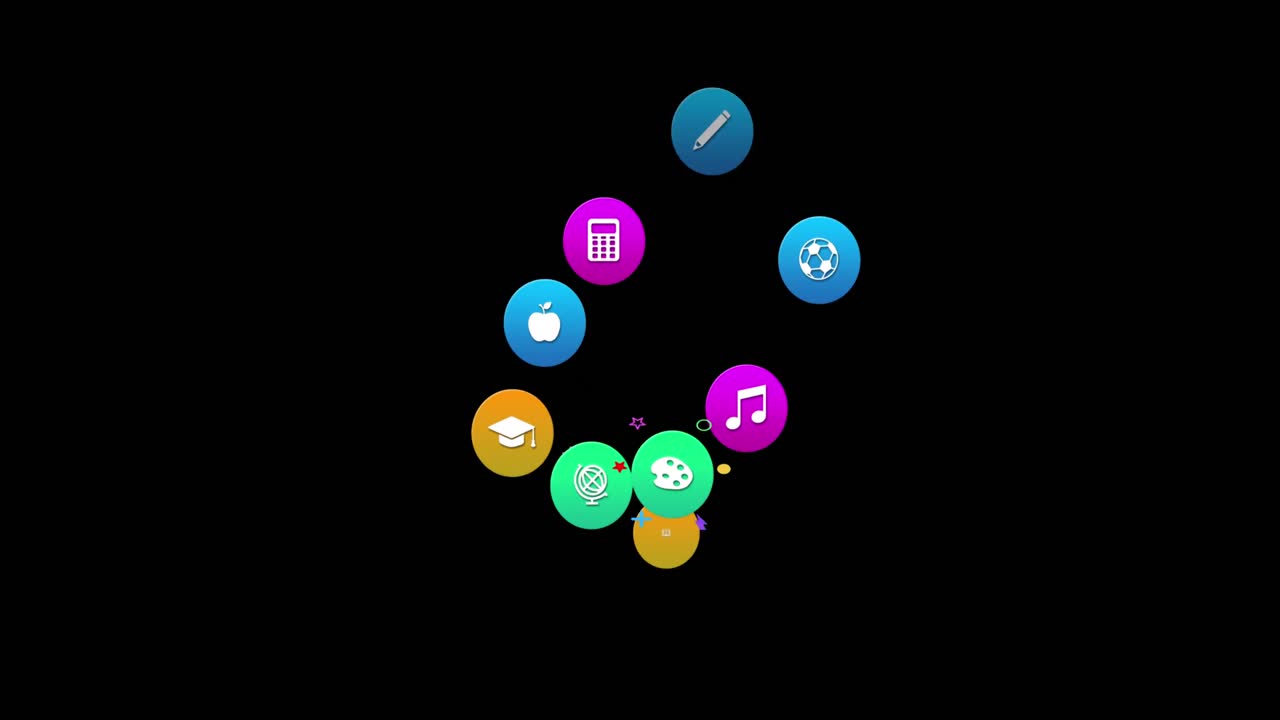 Animation of colorful icons on black background