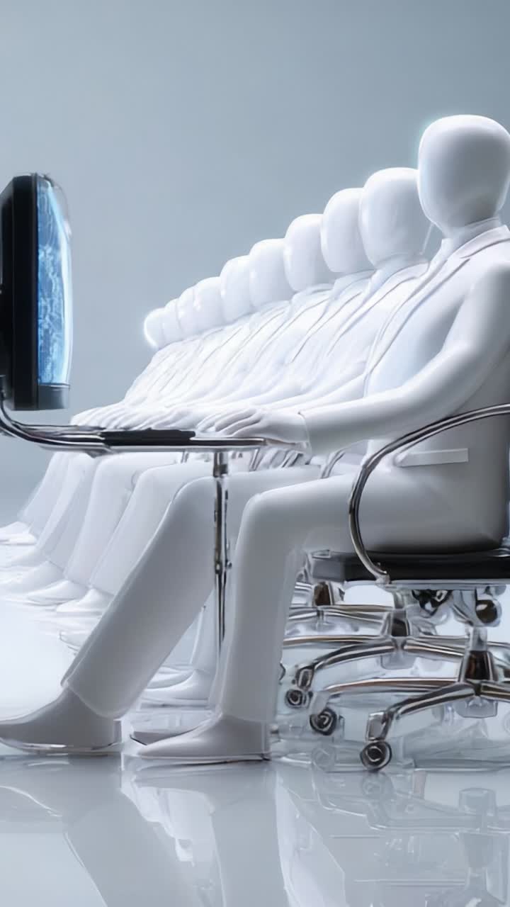 A Futuristic Vision of Technology: A Row of White Mannequins Seated Before Monitors in a Sleek Environment, Representing Digital Connectivity and Automation