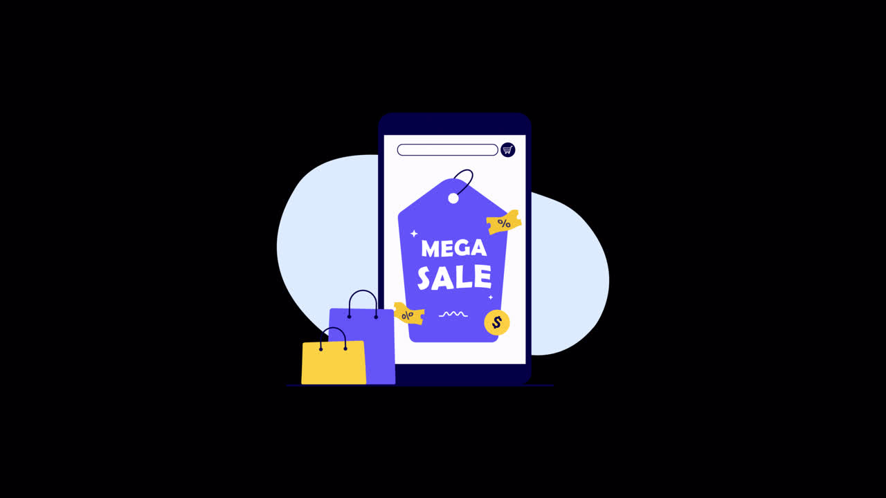 Smartphone animato con promozione di mega saldi e sacchetti della spesa