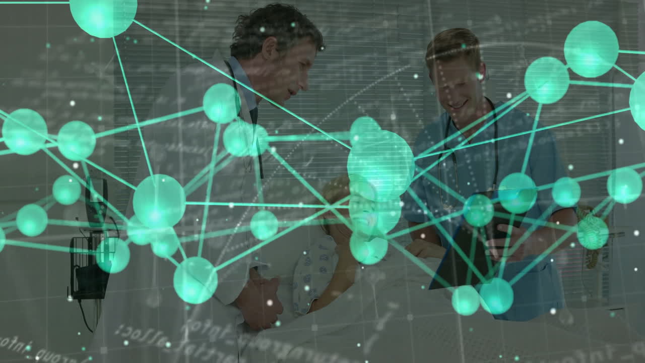 male doctor leaning examining patient, nurse holding tablet with medical molecular network overlay