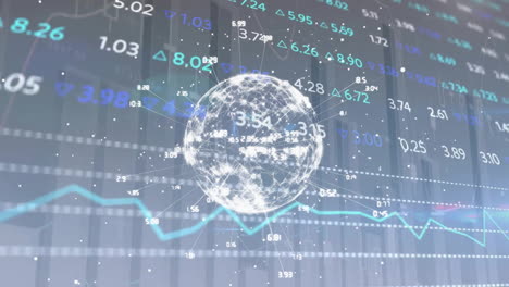 animation of financial data processing over network of connections with globe