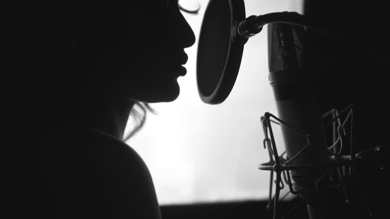 Bianco e nero. Donna che canta in studio di registrazione. Profilo di una donna con un bel viso e labbra.
