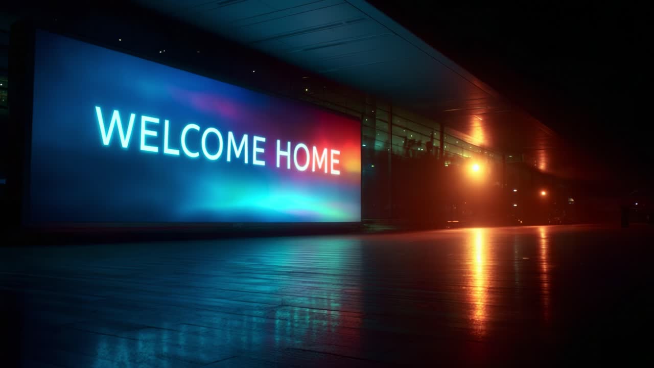 A Captivating Welcome Home Display Illuminates the Night, Featuring a Vibrant Message That Invites Everyone to Experience the Warmth of Arrival in this Stunning Urban Scene