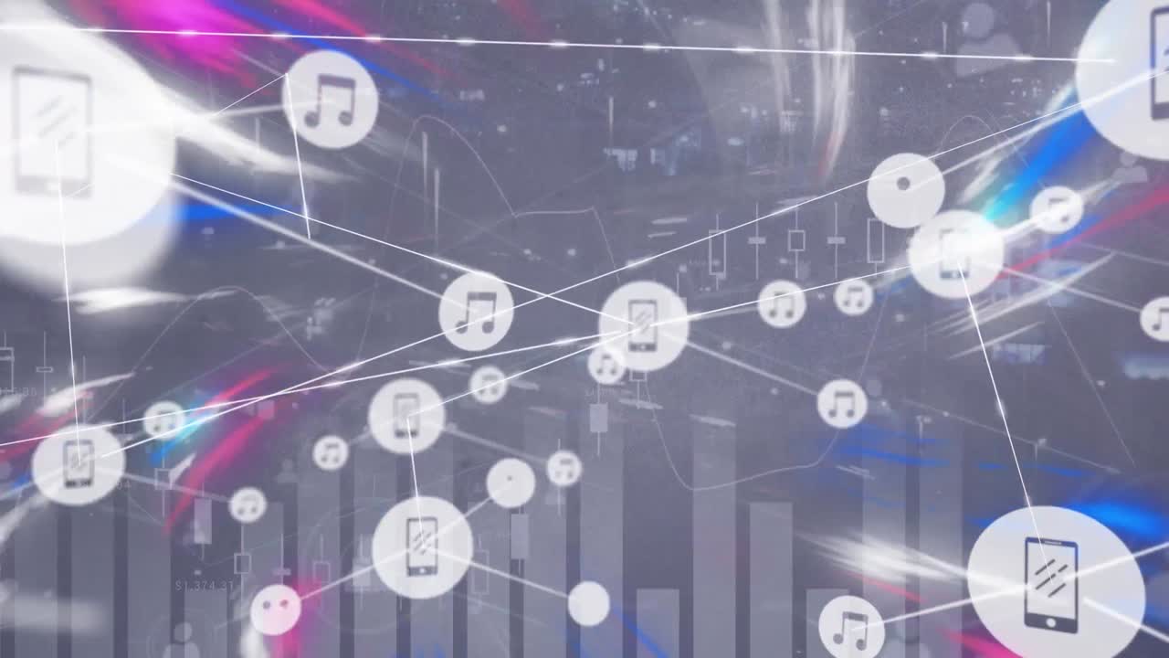 아이콘과 데이터 처리를 통해 도시 풍경에 대한 연결 네트워크의 애니메이션