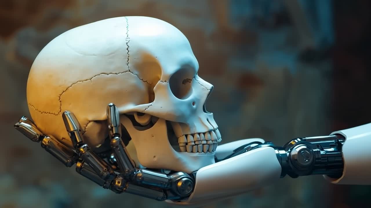 una mano robot sosteniendo un cráneo humano frente a una pared de ladrillo