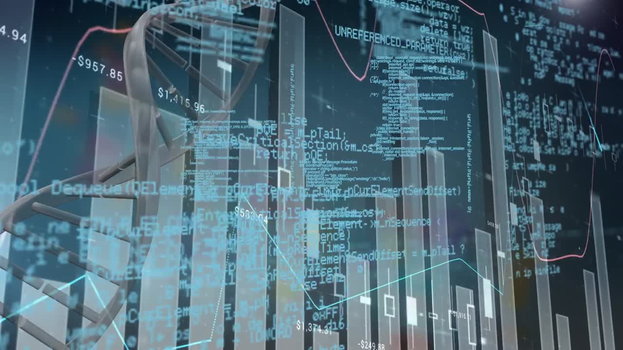 animación del procesamiento de datos y la cadena de adn en fondo negro