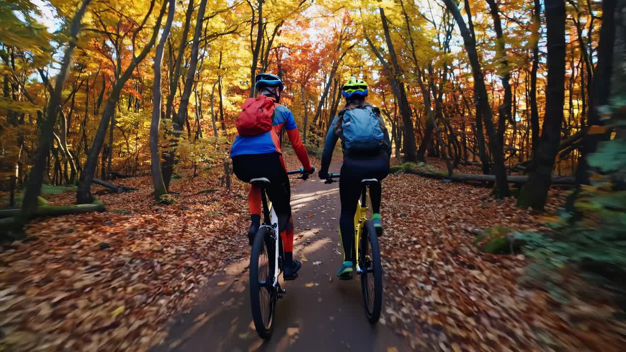 Dynamic video still of two cyclists on a forest trail, captured from behind at a low angle