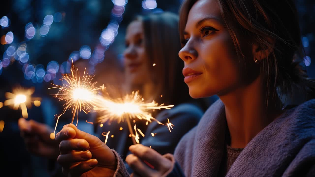 Catturare la magia della celebrazione: una giovane donna illumina la notte con stelle filanti su uno sfondo di luci scintillanti, irradiando gioia e meraviglia.