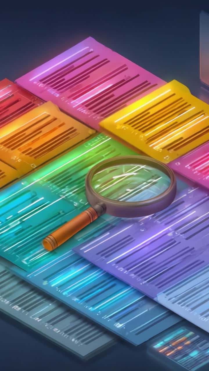 A Vibrant Collection of Colorful Documents with a Magnifying Glass Emphasizing Analysis, Inspection, and Organization of Information in a Digital Context
