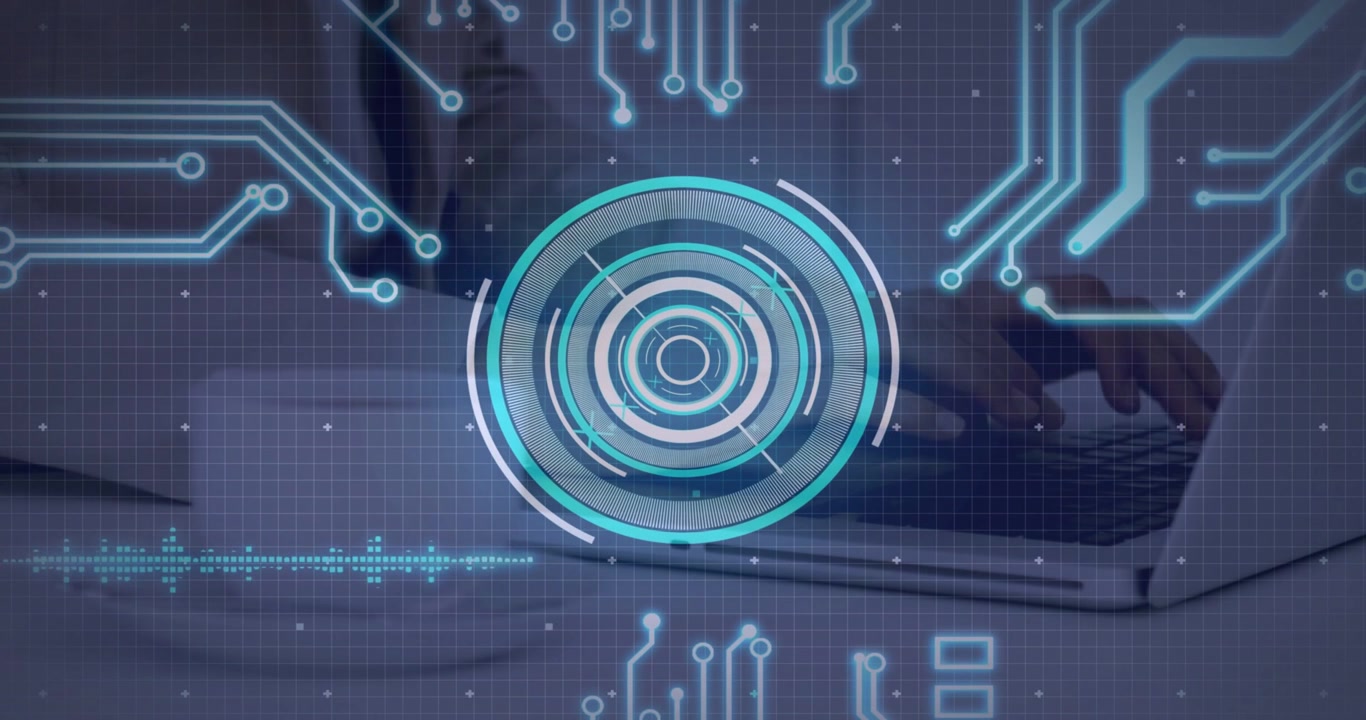 Business pro typing on laptop, tech HUD expanding, syncing with hands, waveform and code animating