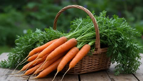 a fresh harvest of vibrant carrots: showcasing a lush basket brimming with freshly picked vegetables against a lively green background