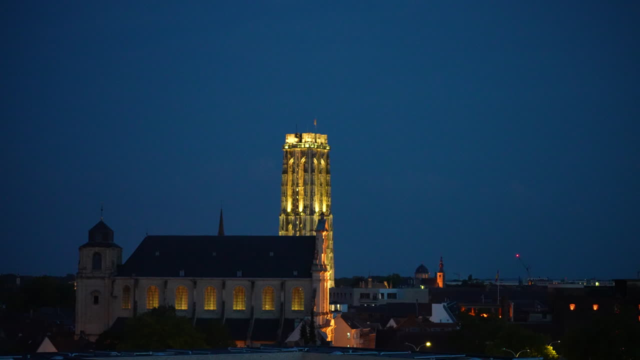 St. Rumbold's Cathedral tower at night, static view