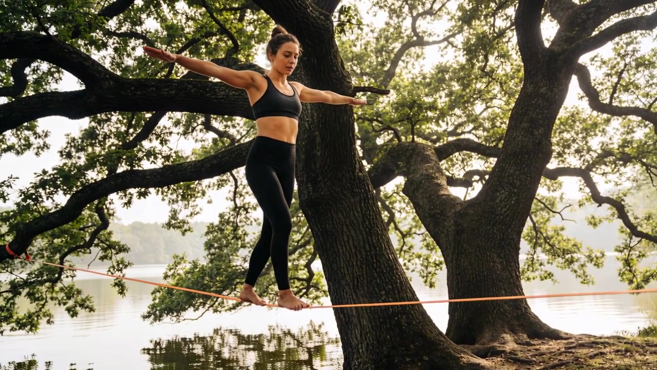 Mulher de leggings pisando em uma slackline laranja, caminhando à beira do lago, deslocando o peso para treinar o equilíbrio.