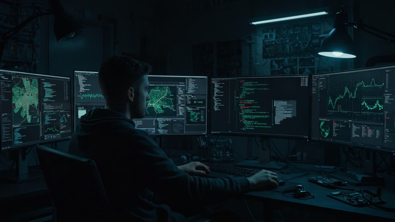 A focused individual immersed in high-tech programming and data analysis, surrounded by multiple monitors displaying streams of complex code and data visualizations in a darkened room