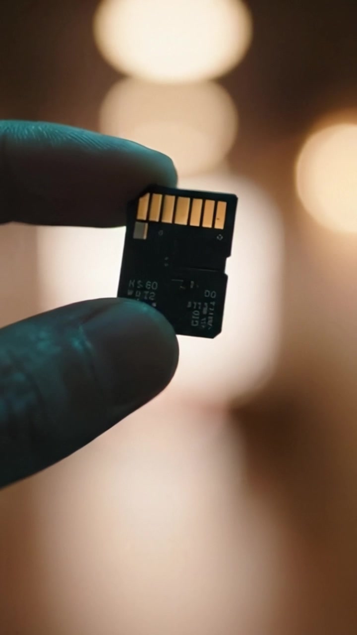 A Close-Up View of an Hand-Held Memory Card in Focus, Highlighting Its Metallic Connectors Against a Softly Blurred Background of Warm Lights