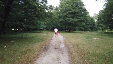 Junger-Kaukasischer-Mann,-Der-Im-Sommer-Auf-Einem-Pfad-Im-Wald-Läuft