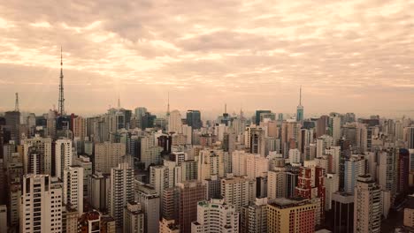 Beautiful-sepia-sky-and-background-of-business-center-of-Sao-Paolo,-Brazil,-aerial-footage