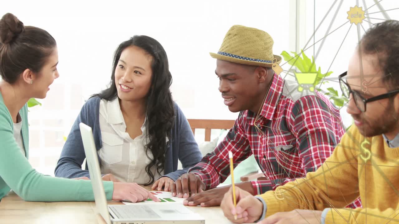 animación de la red de conexiones con iconos sobre diversas personas de negocios en la reunión