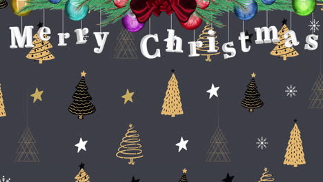 Merry Christmas text animation with festive trees and stars on dark background