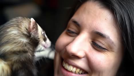joyful moments: a playful ferret's affectionate interaction with its human companion, showcasing the bond of trust and love between pets and owners.