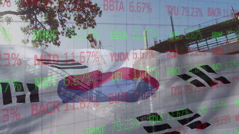 animation of stock market and flag of south korea over building site