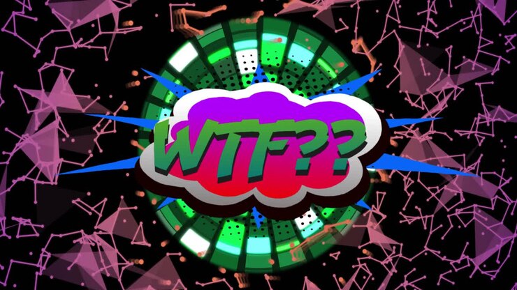 Animazione di testo WTF colorato su forme geometriche astratte nel design digitale.