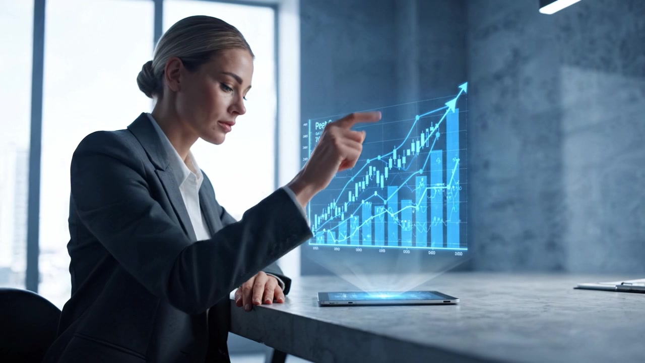 Una donna d'affari concentrata analizza i dati di crescita digitale su un tablet in un ufficio moderno, mettendo in evidenza l'importanza della tecnologia nel processo decisionale strategico.