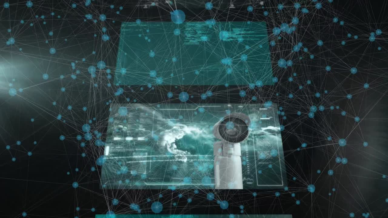 animación de la red de conexiones con pantallas digitales sobre fondo negro