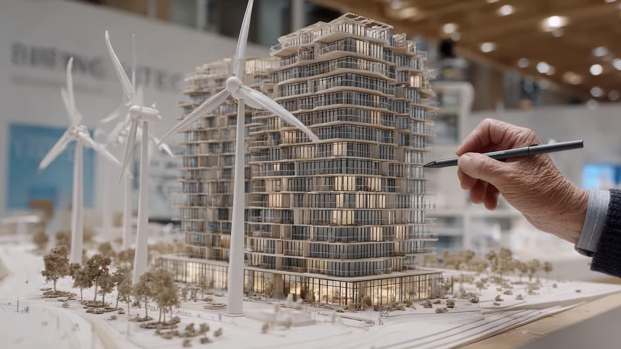 Showcasing an Innovative Architectural Model with Renewable Energy Features, Highlighting Sustainability Through Wind Turbines and Modern Design Elements in a Professional Presentation