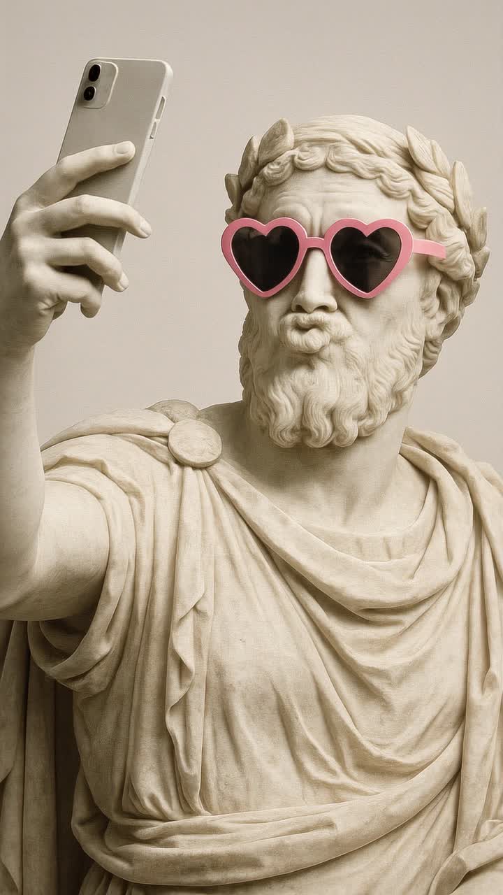Busto classico che si fa un selfie con occhiali da sole a forma di cuore
