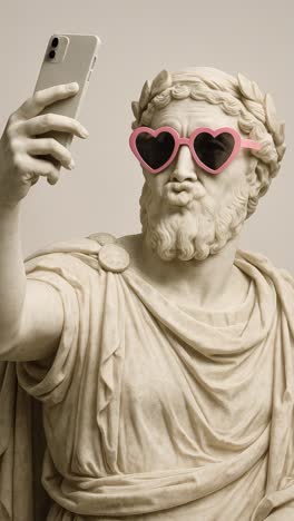 classical bust taking a selfie with heart sunglasses
