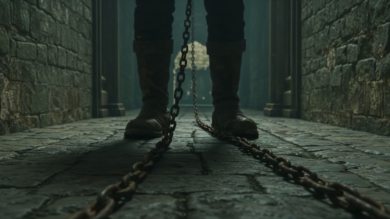 A Shadowed Figure with Heavy Chains Stands Resolutely in a Dimly Lit Dungeon, Signifying Strength and Endurance Amidst Gloomy Stone Walls
