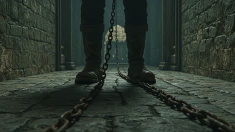 a shadowed figure with heavy chains stands resolutely in a dimly lit dungeon, signifying strength and endurance amidst gloomy stone walls