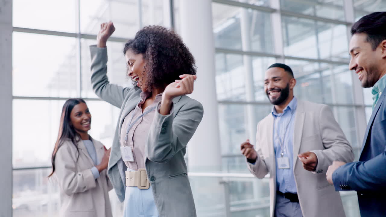 Business people, dance and party in office