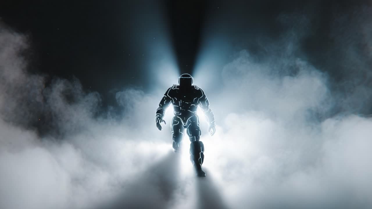 Astronaut in a futuristic glowing spacesuit walking through thick smoke or fog towards the camera with a bright backlight creating a cinematic and mysterious atmosphere of space exploration