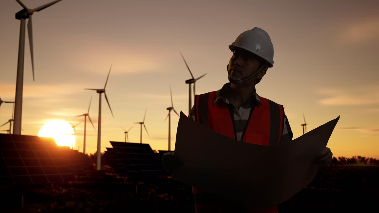 Engineer Reviewing Plans for Renewable Energy Farm at Sunset