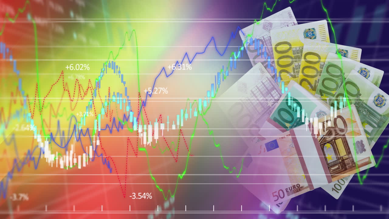 유로 통화 지폐에 대한 금융 데이터 처리의 애니메이션