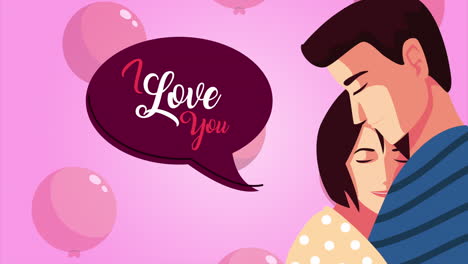 happy valentines day lettering in speech bubble and lovers couple and balloons helium