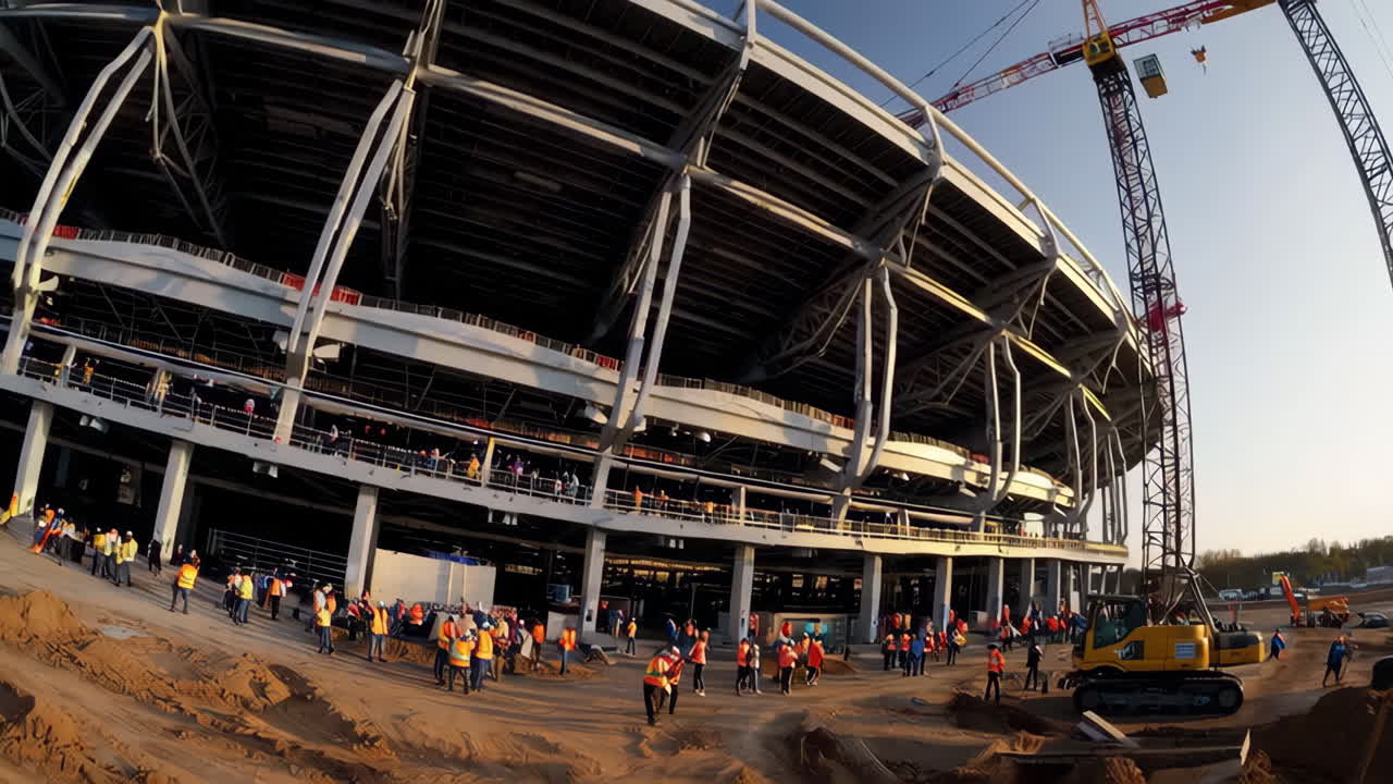Stadium Under Construction with Workers and Machinery