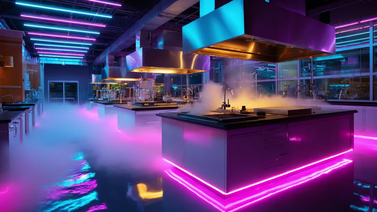 A Vibrant Laboratory Scene Showcasing Colorful Neon Lights, State-of-the-Art Equipment, and a Mystical Fog Effect, Creating an Atmosphere of Scientific Innovation and Creativity in a Modern Culinary Environment