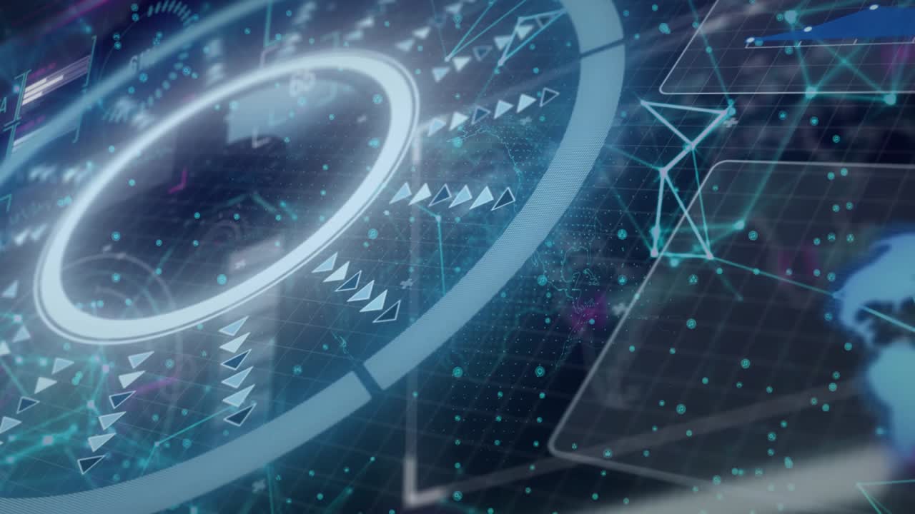 On load HUD ring rotating, inner arc shifting, markers pulsing, network glowing, showing progress