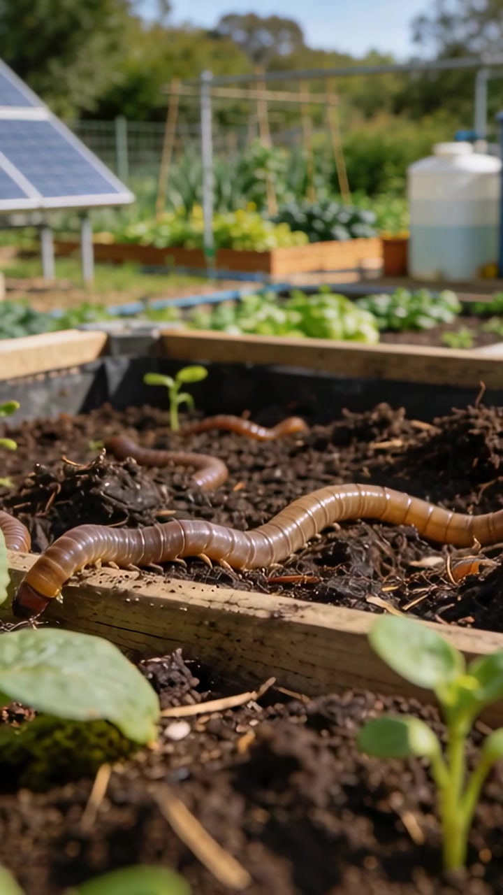Vertical video: Emerging millipede crawling over raised planter soil toward camera, with seedlings