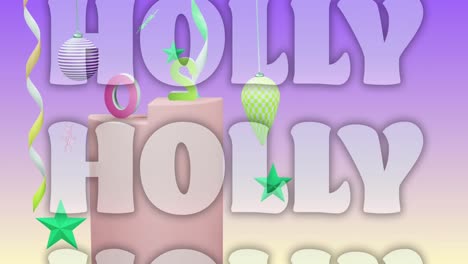 Animation-of-holly-text-over-2024-text-and-decorations-on-purple-background