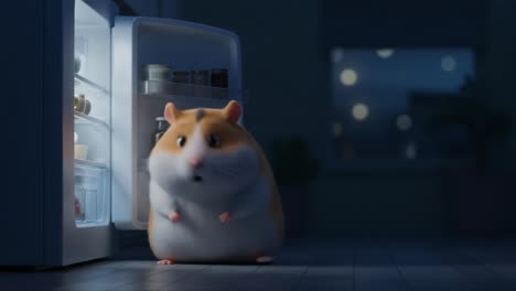 a curious hamster stands before an open fridge, wondering what delicious treats await inside, in a charming animated scene at nighttime