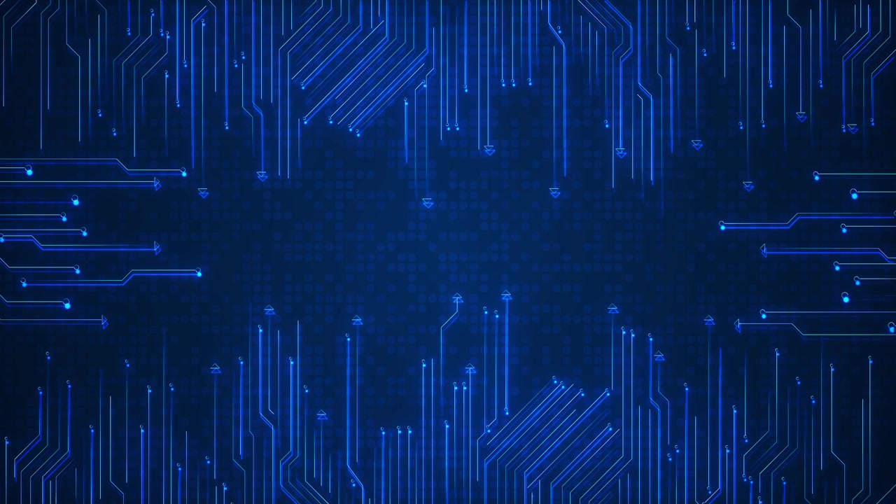 Digital circuit direction flow visual with blue arrows glowing routes and clean technology center